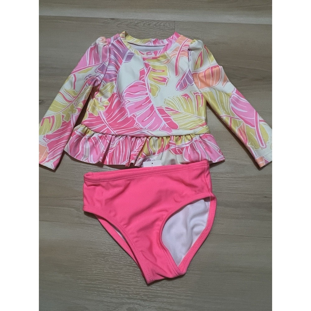 Girls Cat & Jack 2 Piece Swim Suit, Long Sleeve Floral Bright Pink Print 18 M